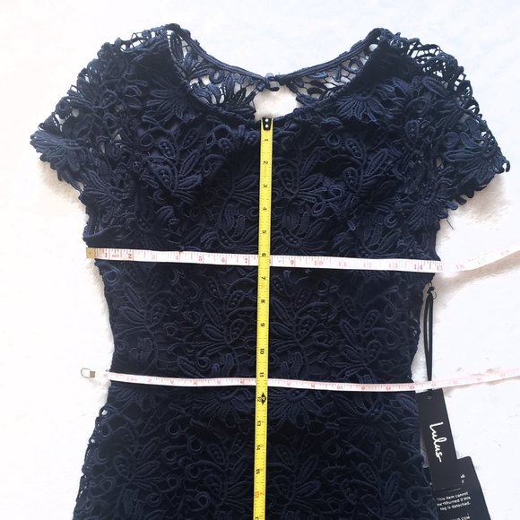 LULU'S Open Back Floral Lace Navy Blue Mini Dress SZ M - Picture 15 of 17
